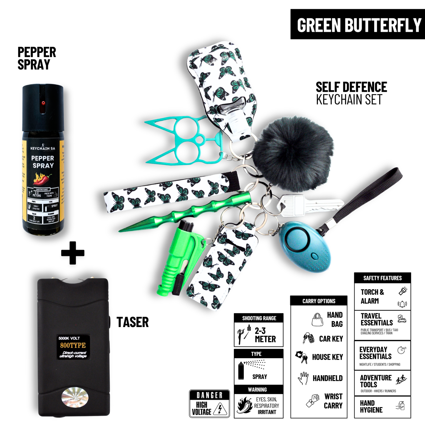 Self-Defence Keychain Bundle – Includes Taser + Pepper Spray
