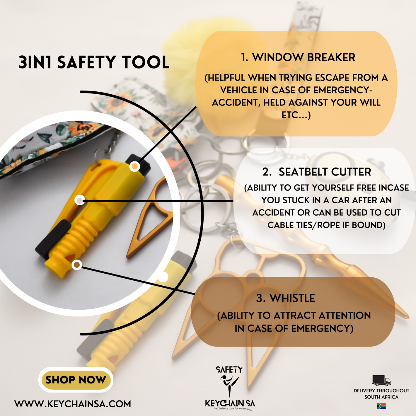 Car Safety tool 3in1, window breaker, seatbelt cuter, whistle 